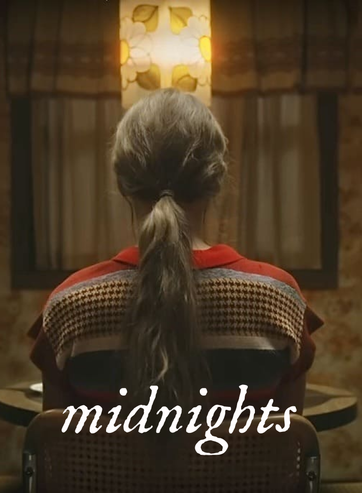 Taylor Swift sitting in a chair which is a still from the Anit-hero music video whiich is the title track of her album Midnights with the title midnights overlayed 