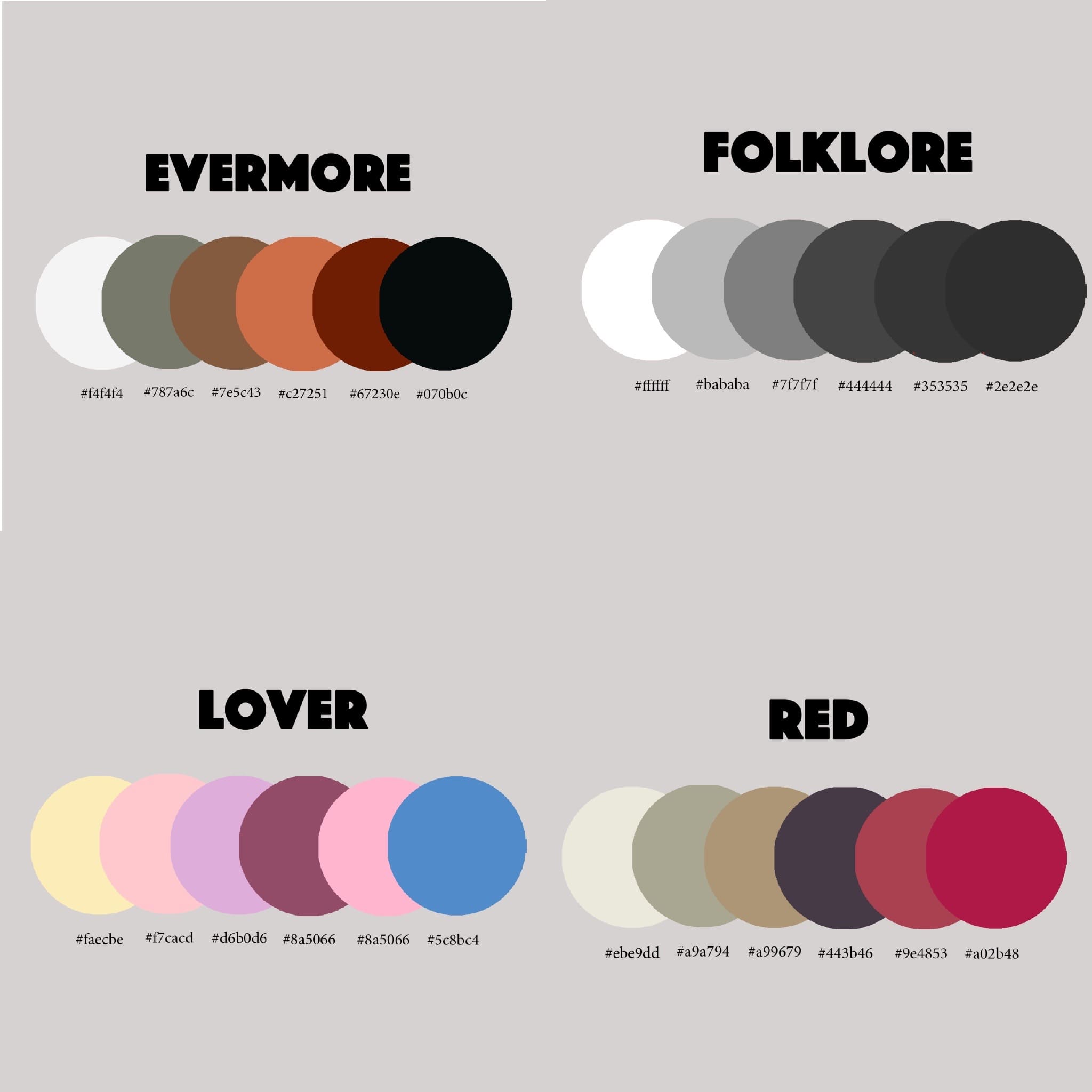 Colour Palettes that have been generated by Colour Picking elements of Taylor Swift's albums